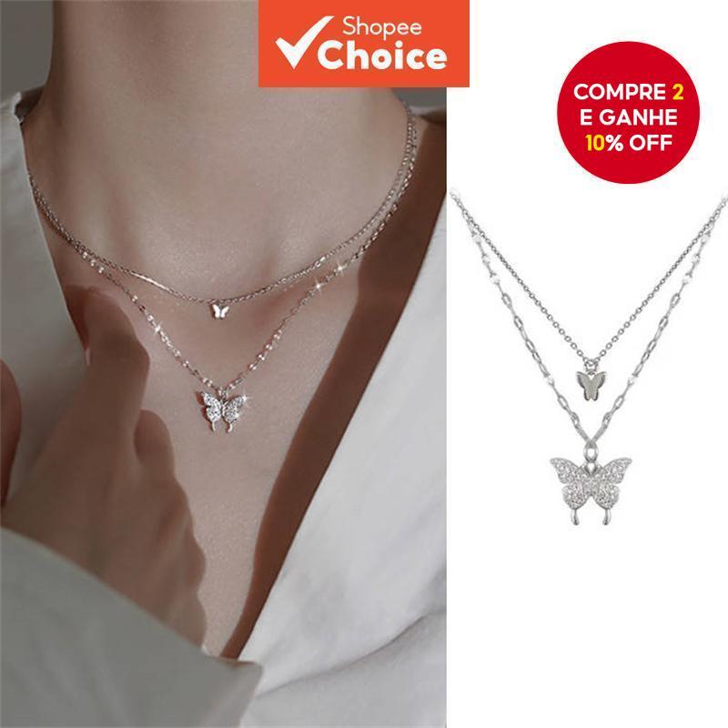 Colar Com Pingente De Borboleta De Camada Dupla Para Mulheres Corrente De Clavícula Elegante Strass Brilhante