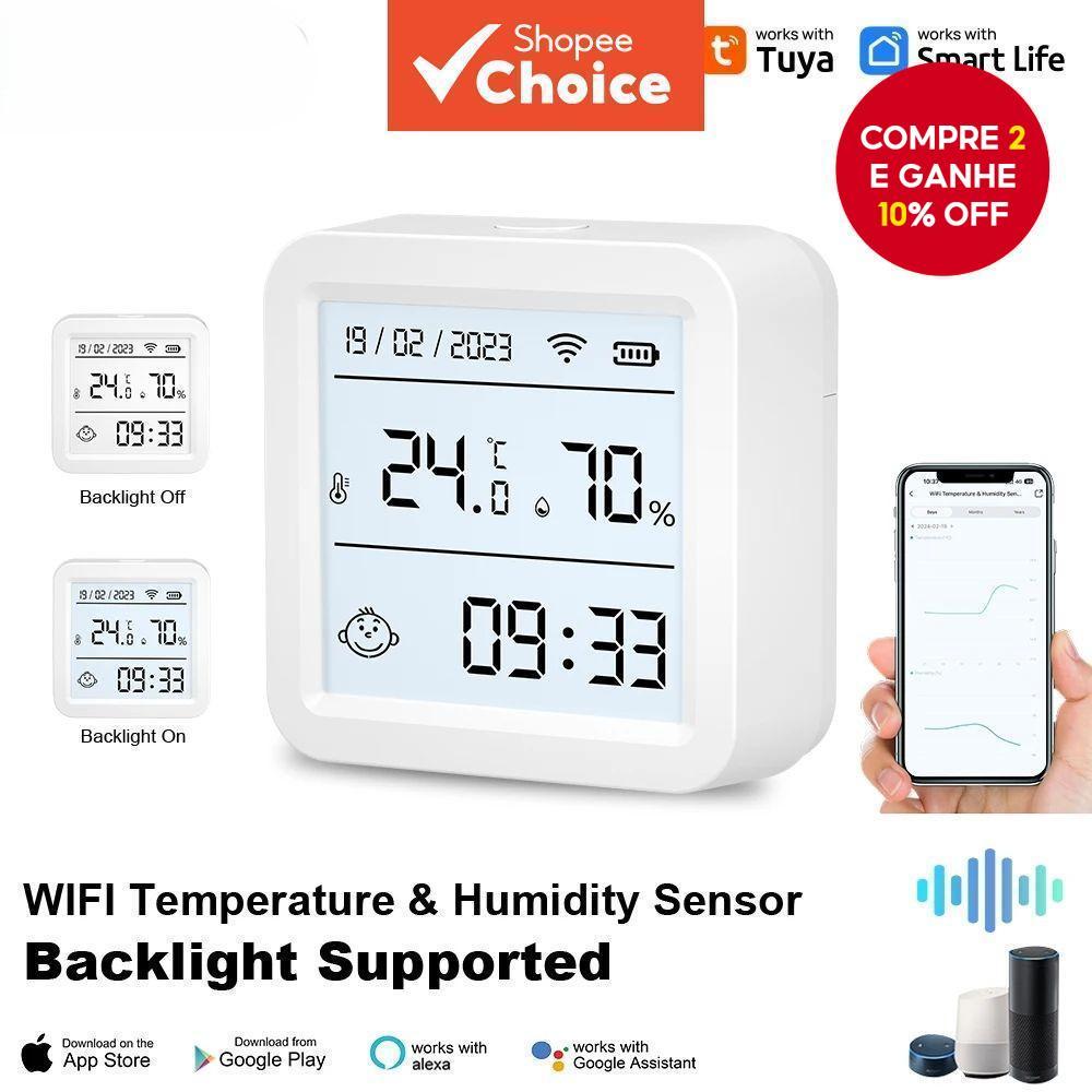 Sensor Inteligente De Temperatura E Umidade Tuya WiFi , Higrômetro Retroiluminado Compatível Com Alexa Google Assistant em Oferta na Shopee