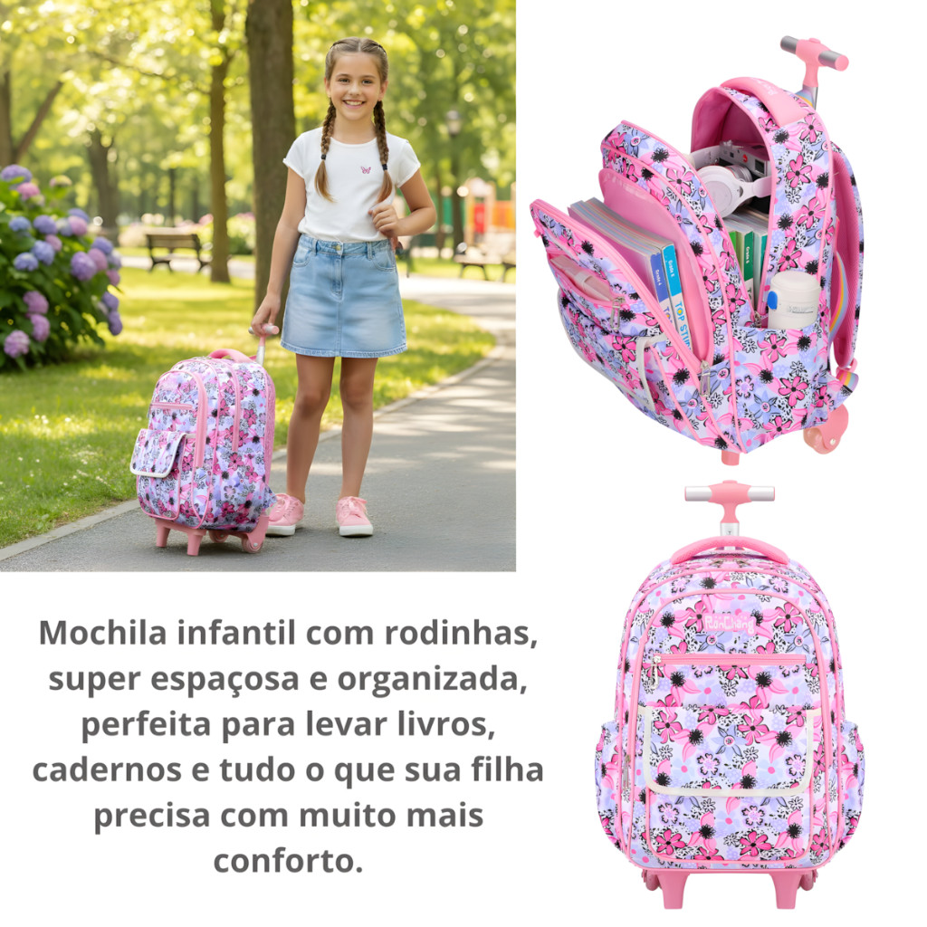 Mochila Escolar Infantil com Rodinhas Carrinho Ajustável Estampada Grande Capacidade