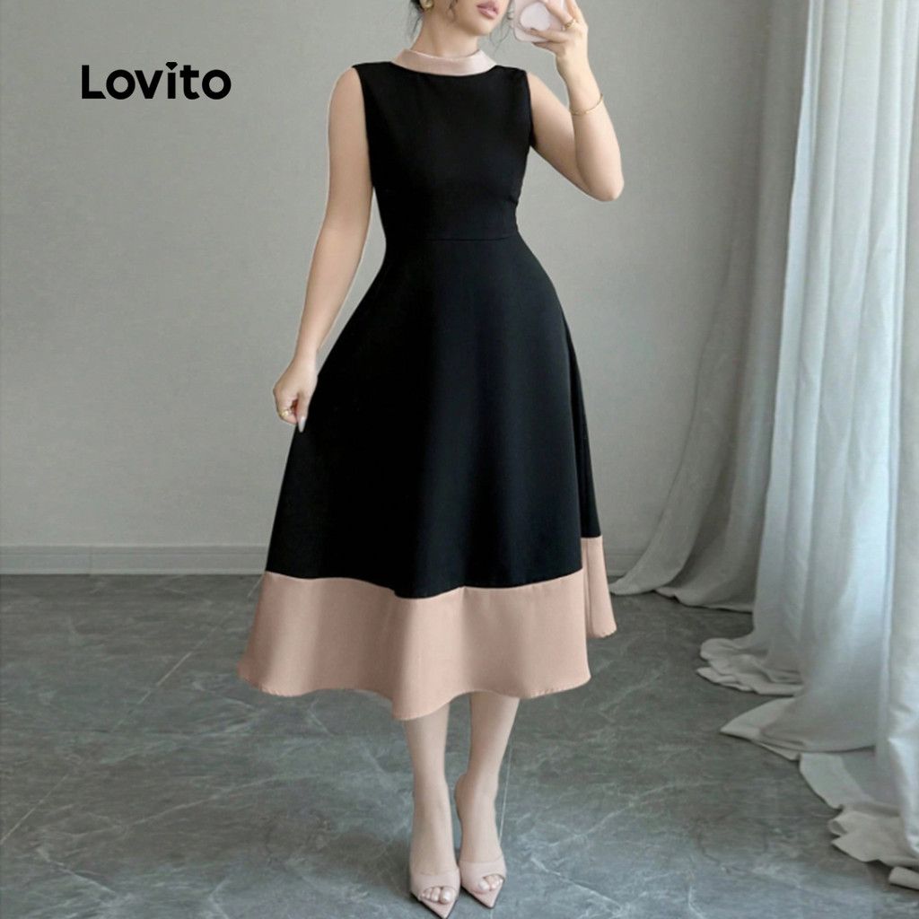 (NEW) Lovito Vestido elegante Colorblock com zíper vestido preto para mulheres LK3AD1145