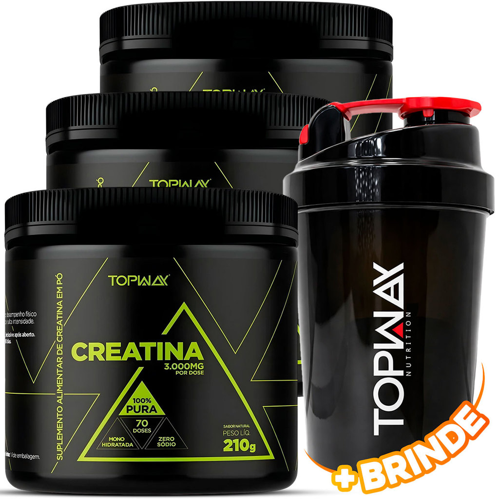 3x Creatina em Pó Suplemento Alimentar 100% Pura TopWay 210g Monohidratada + Coqueteleira 600ml