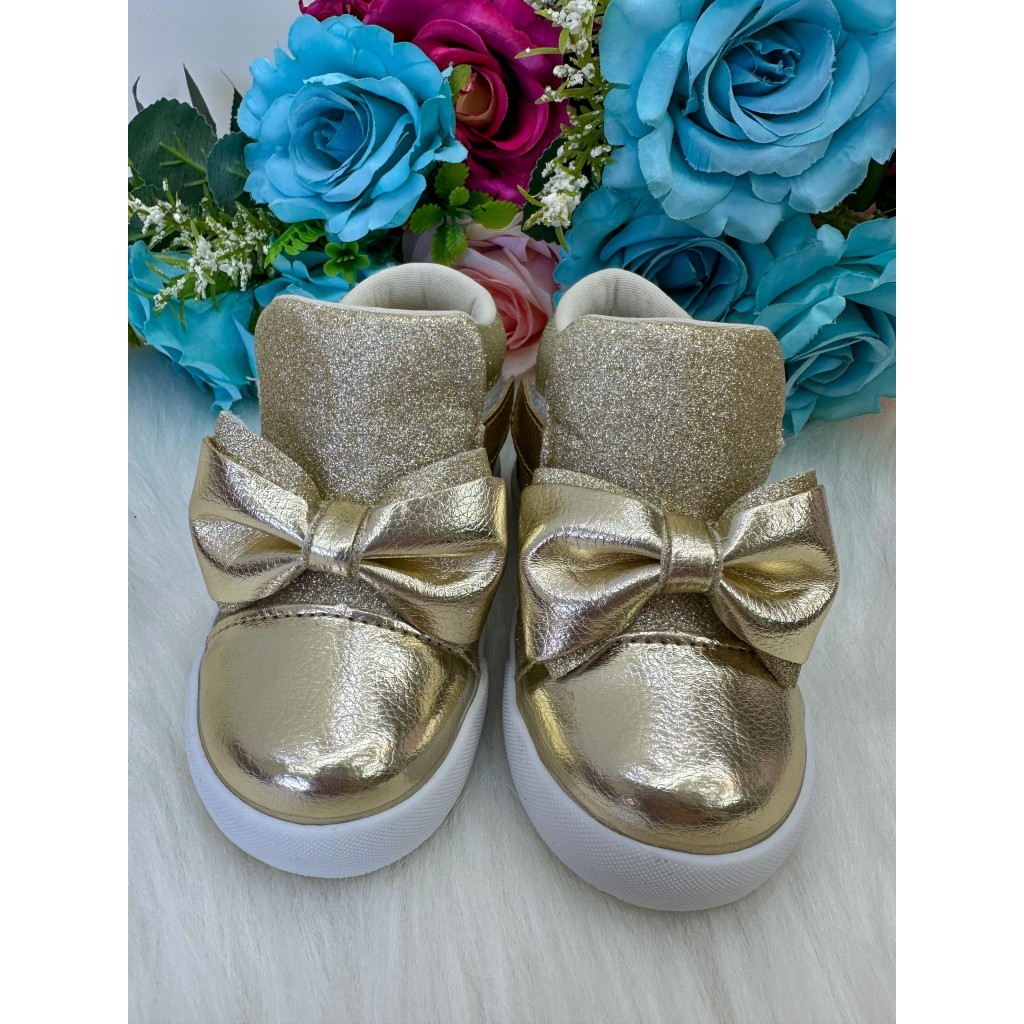 Tênis Bota Encanto de Criança Lacinho Dourado Glitter Rebeca