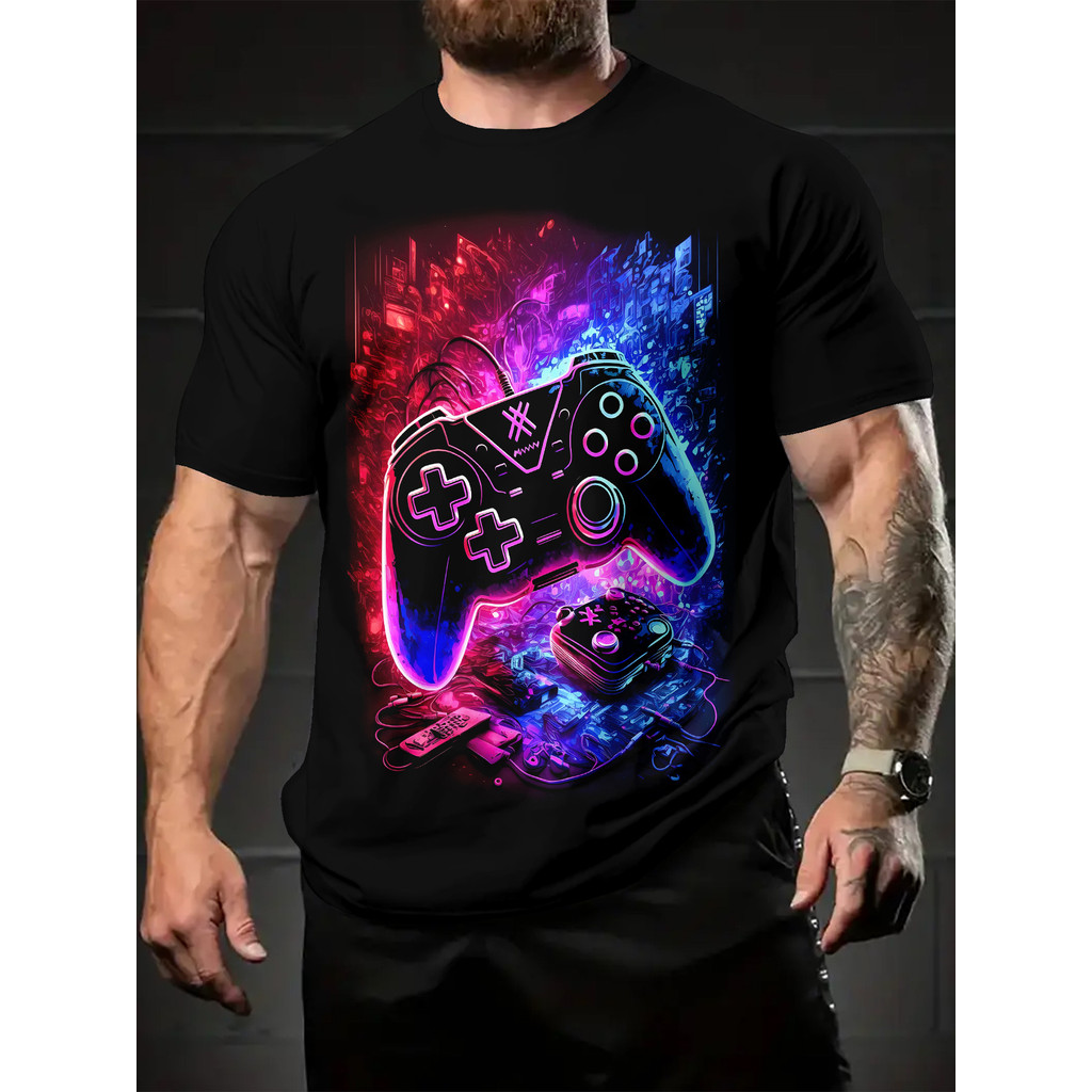 Camiseta Masculina Gaming Controle Neon Poliéster Malha Respirá Elástica Confortável Divertida Estilosa Verão