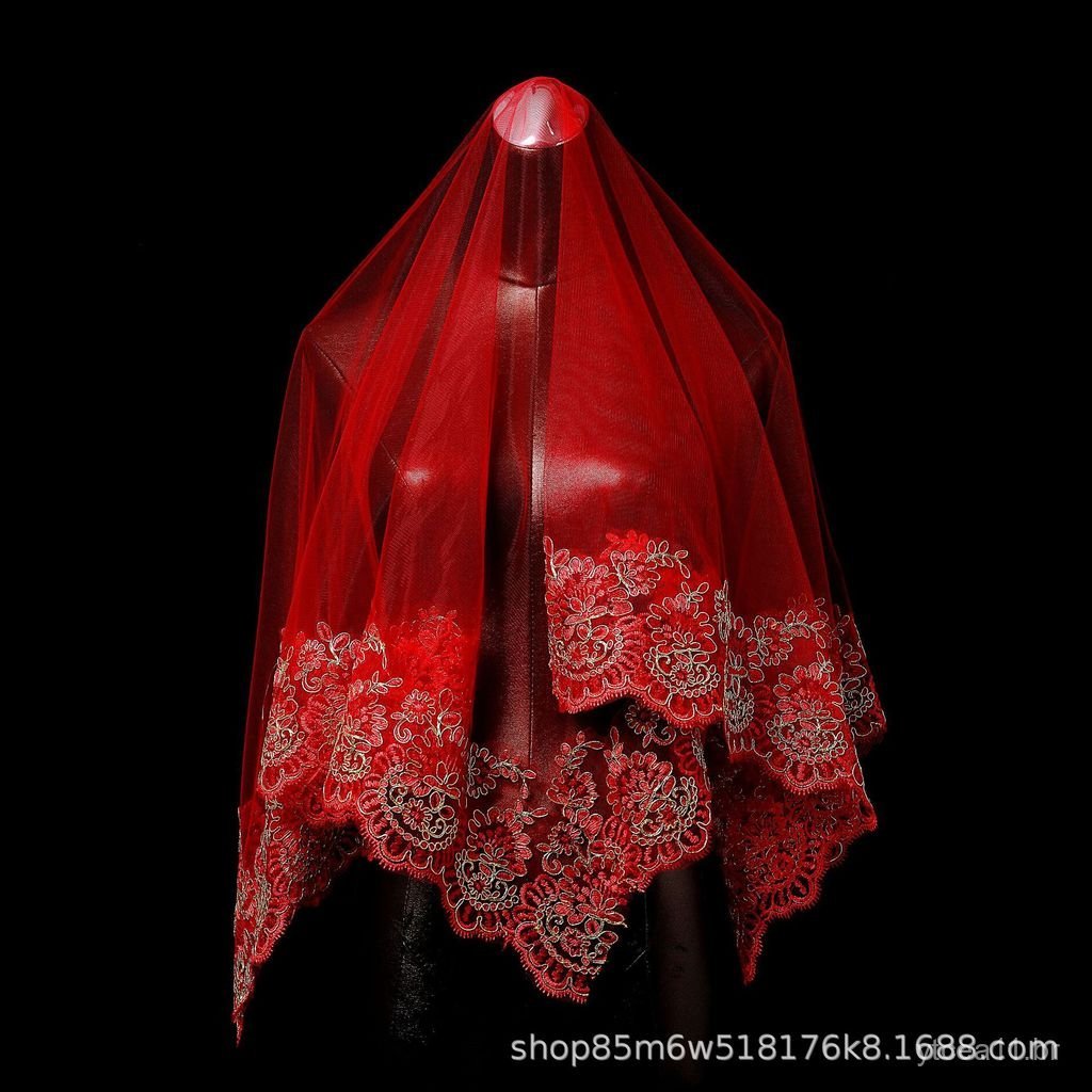 Véu de noiva vermelho por atacado, versão aprimorada do novo véu quadrado de malha macia vermelha, véu de casamento esti