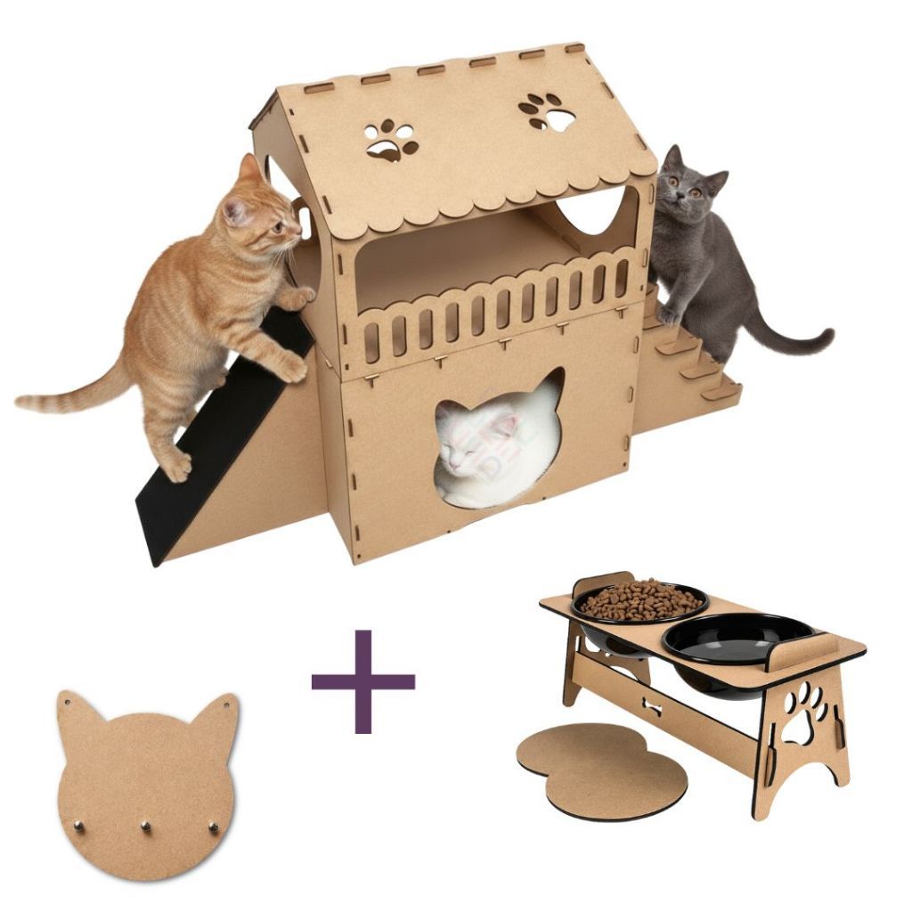 Kit Casa Para Gato Com 2 Andares Em MDF Com Escada E Rampa Comedouro Duplo E Porta Chaves Decorativo