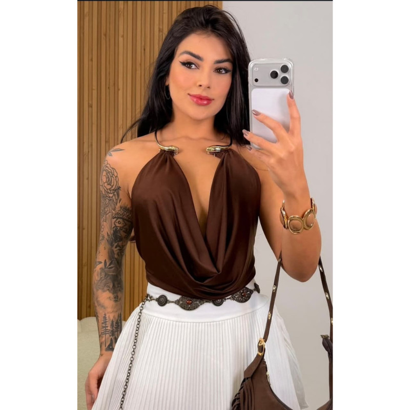 Body Feminino Com Arco costa nua Decote cavado Frente Única com Colar em Suplex Elegante Sexy 2026 em Oferta na Shopee