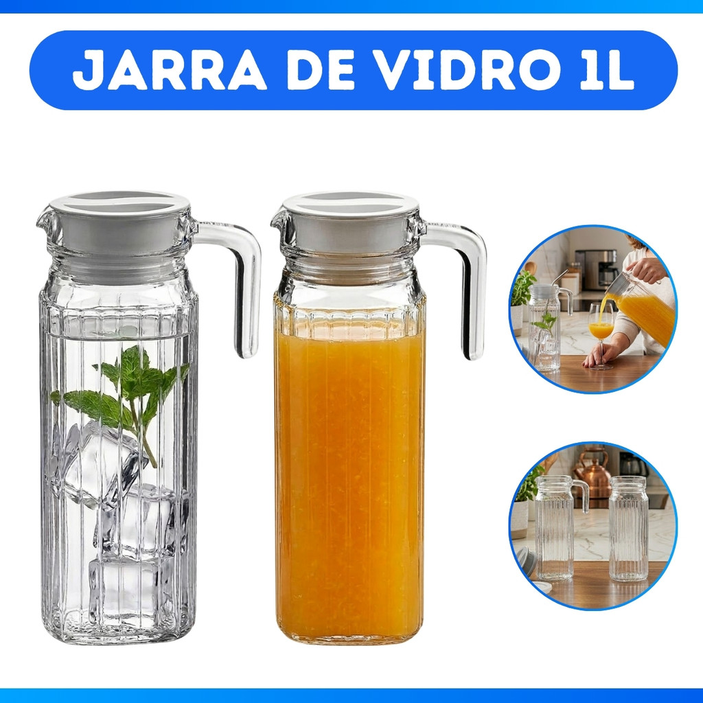 Kit 2 Jarras com Tampa Clássica Milano De Vidro 1 Litro Design Sofisticado Resistente