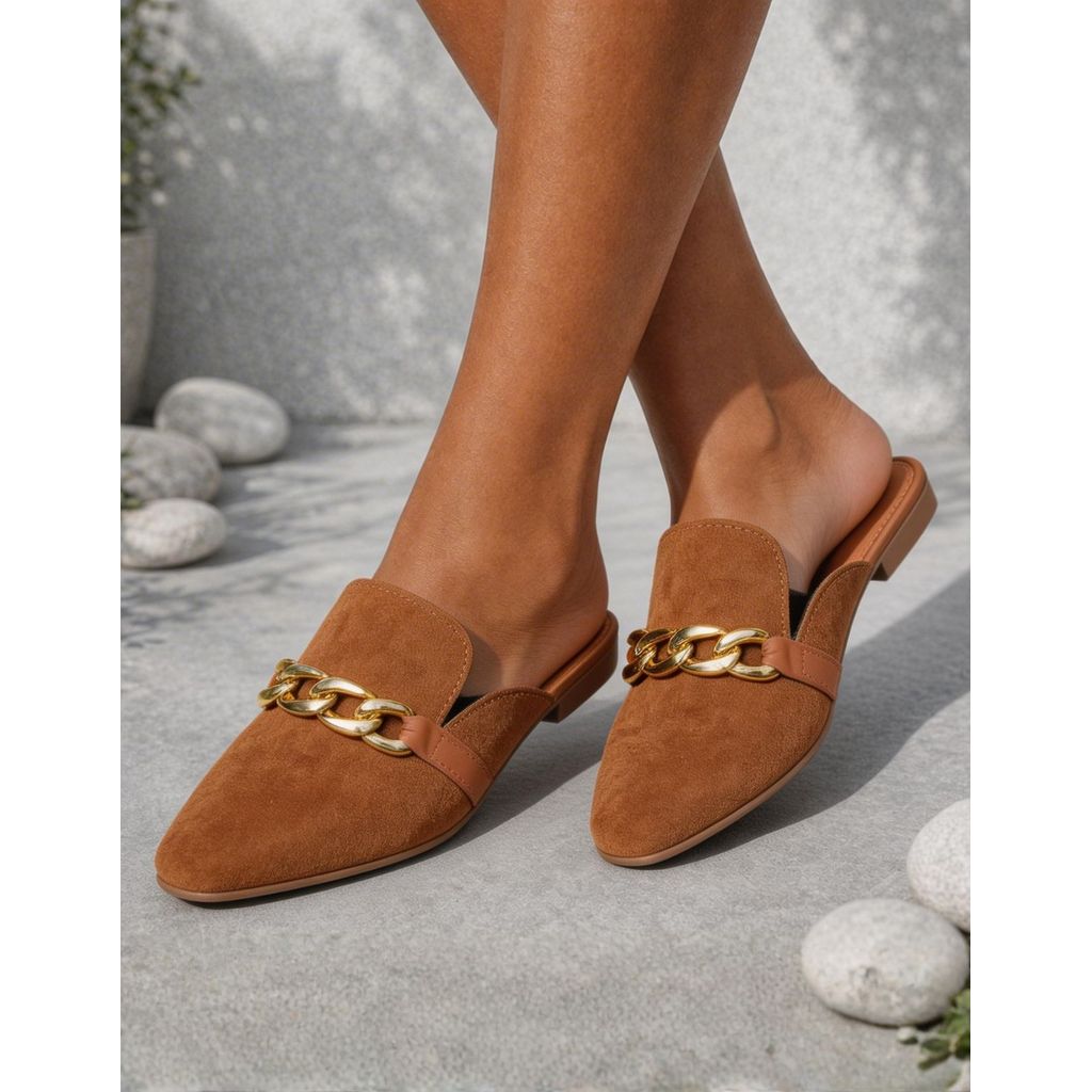 Mule Feminino Bico Fino Confortável Corrente Dourada Sapato Casual Elegante