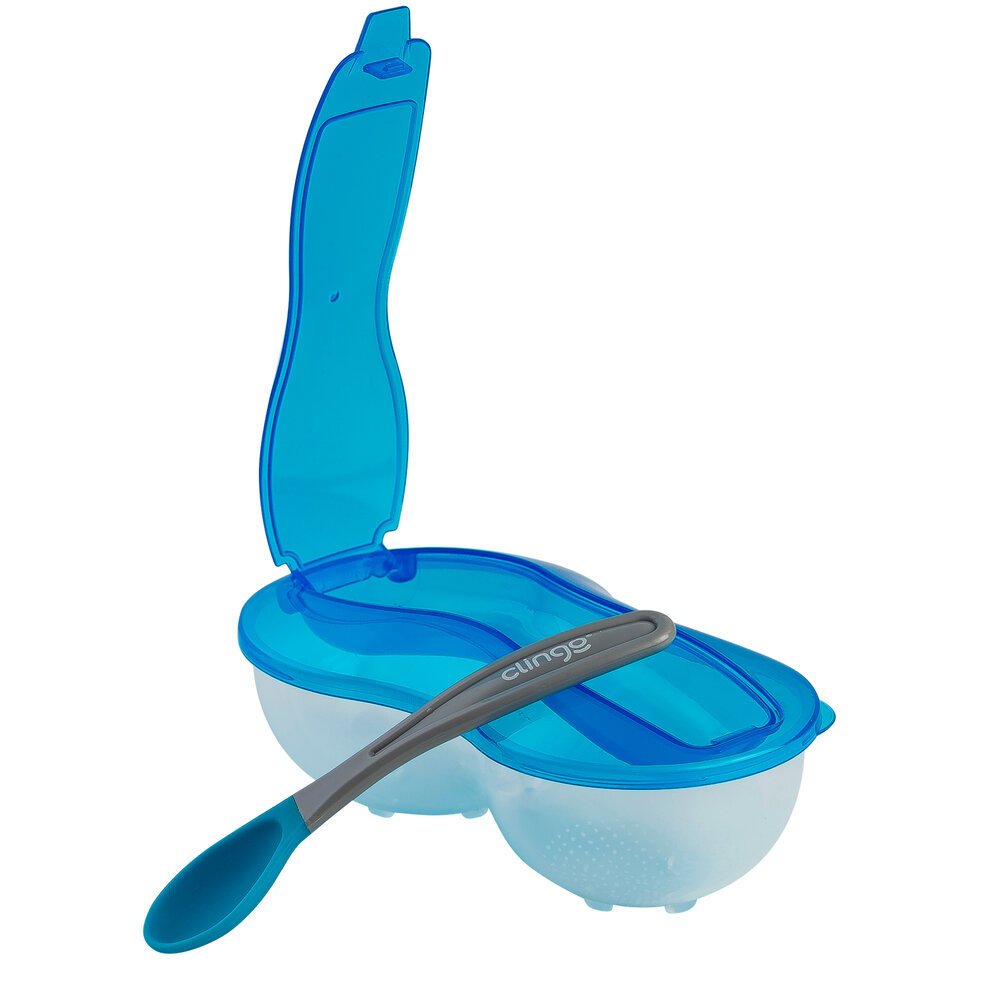 Prato com Divisória e Colher Clingo - Cor Azul - Design Seguro e Resistente