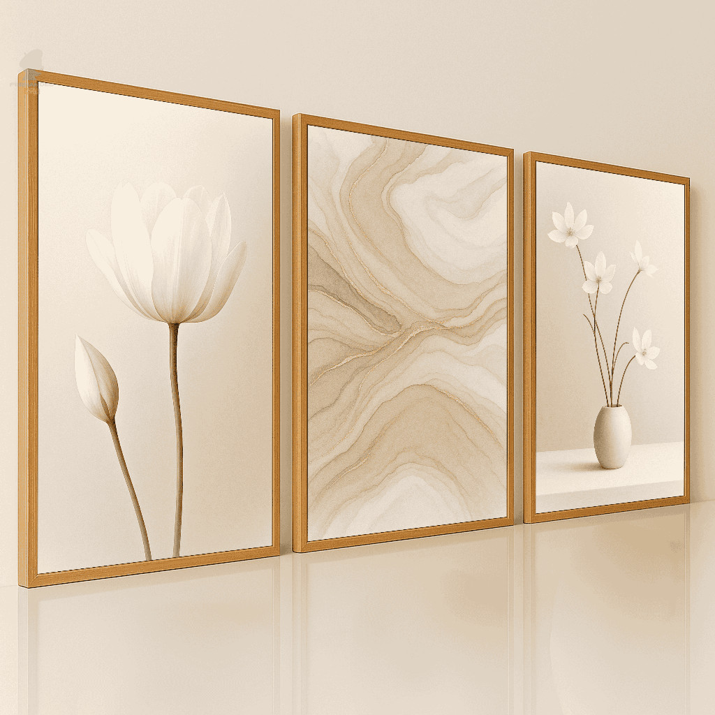Quadros Decorativos Trio Minimalistas Flor e Mármore Bege Clean Sala Quarto