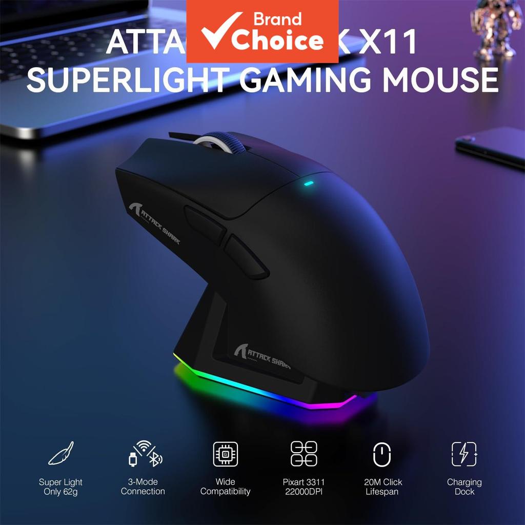  Marca Original ATTACK SHARK X11 Mouse Gaming Sem Fio Dock de Carregamento Sensor Gaming PixArt PAW3311 BT/2.4G Sem