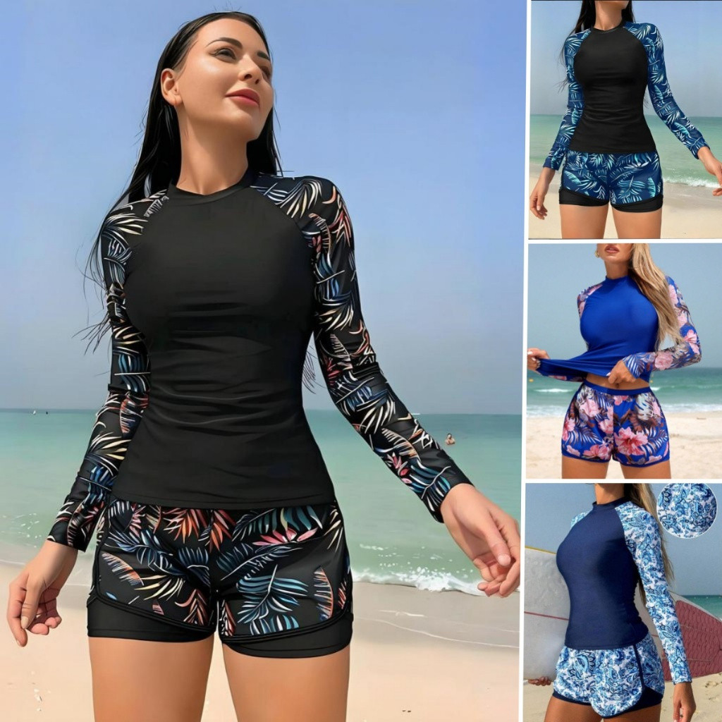 Maiô de Praia Feminino com Proteção UV, Manga Longa, Conjunto de Surf de 2 Peças GWI9