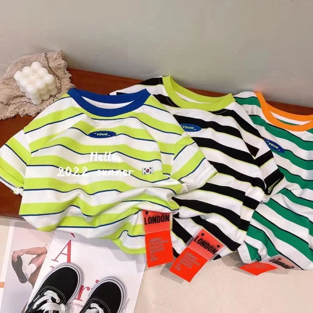 Crianças crianças verão listrado de manga curta versão coreana novo estilo meninos meninas camisetas bebê meia manga pur