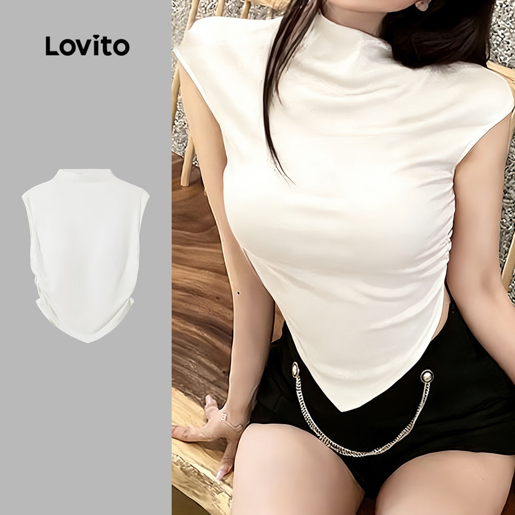 Lovito Top Branco Feminino de Primavera/verão Elegante com Pregas para O Dia a dia LNE141032 em Oferta na Shopee