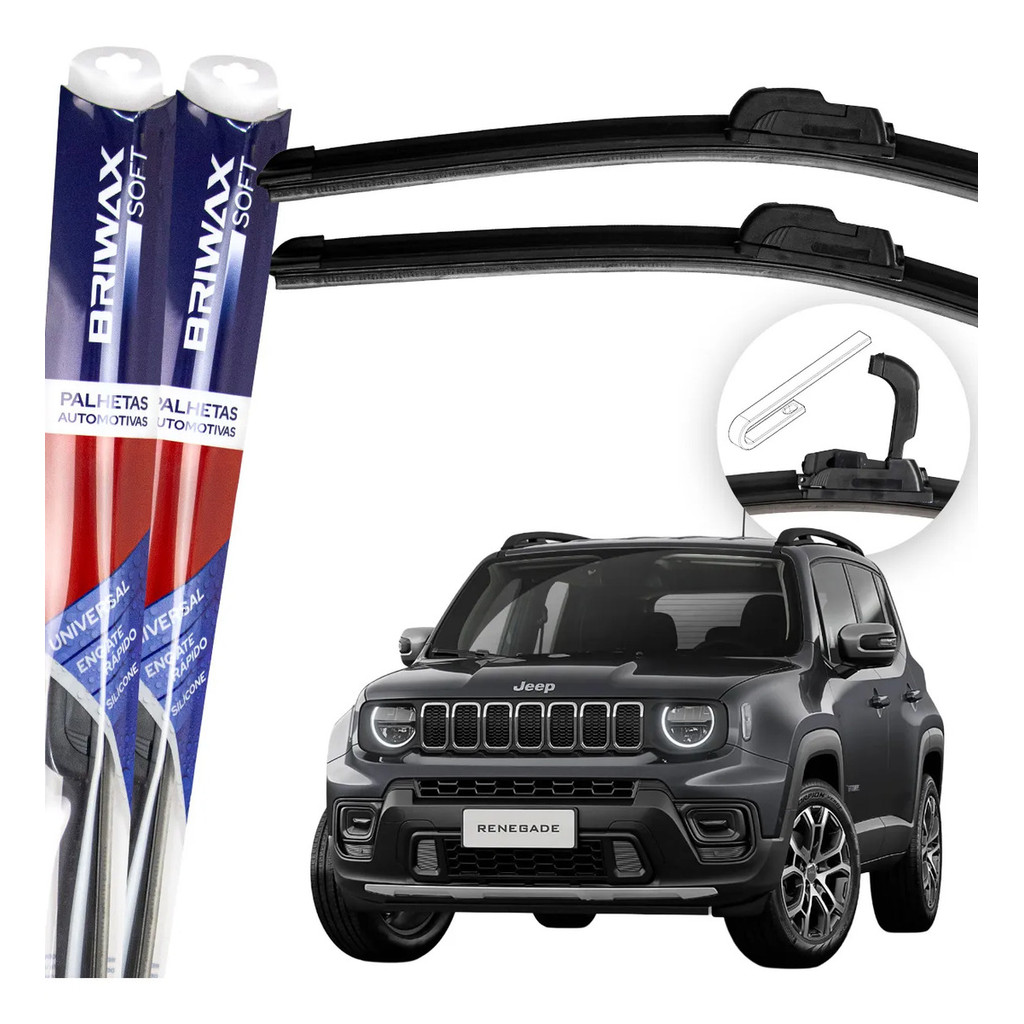 Jogo Palhetas Limpador de Parabrisa Silicone Chuva Gancho Universal Jeep Renegade 2015 Até 2024