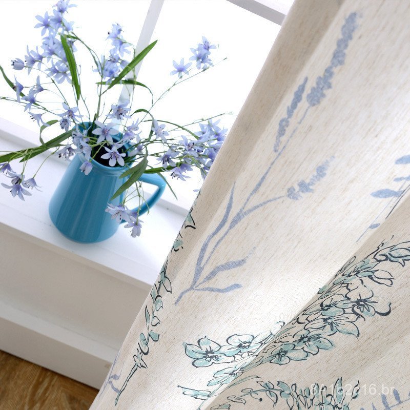 [Lanxi] Tecido de cortina estampado em algodão-linho estilo americano, produtos acabados em estoque, cortinas blackout d