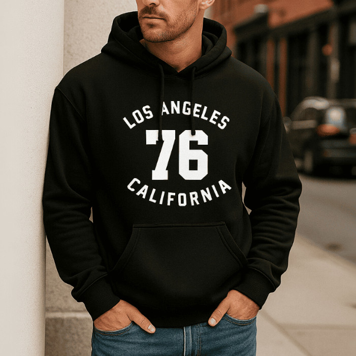 Moletom Canguru Los Angeles Estampado com Bolso e Capuz Flanelado Forrado Preto e Branco Algodão Envio Rápido
