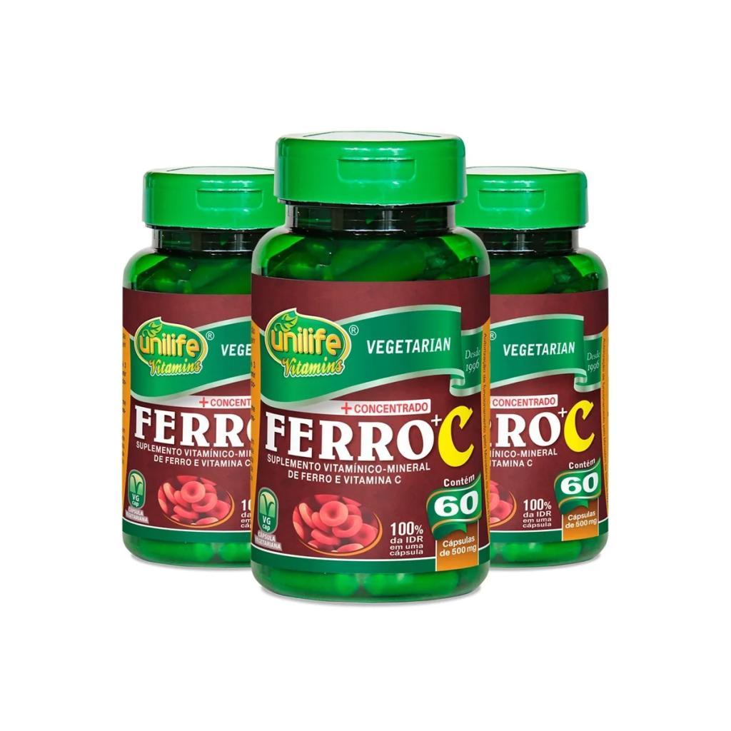 Kit Com 3 Ferro Com Vitamina C Unilife 60 Cápsulas