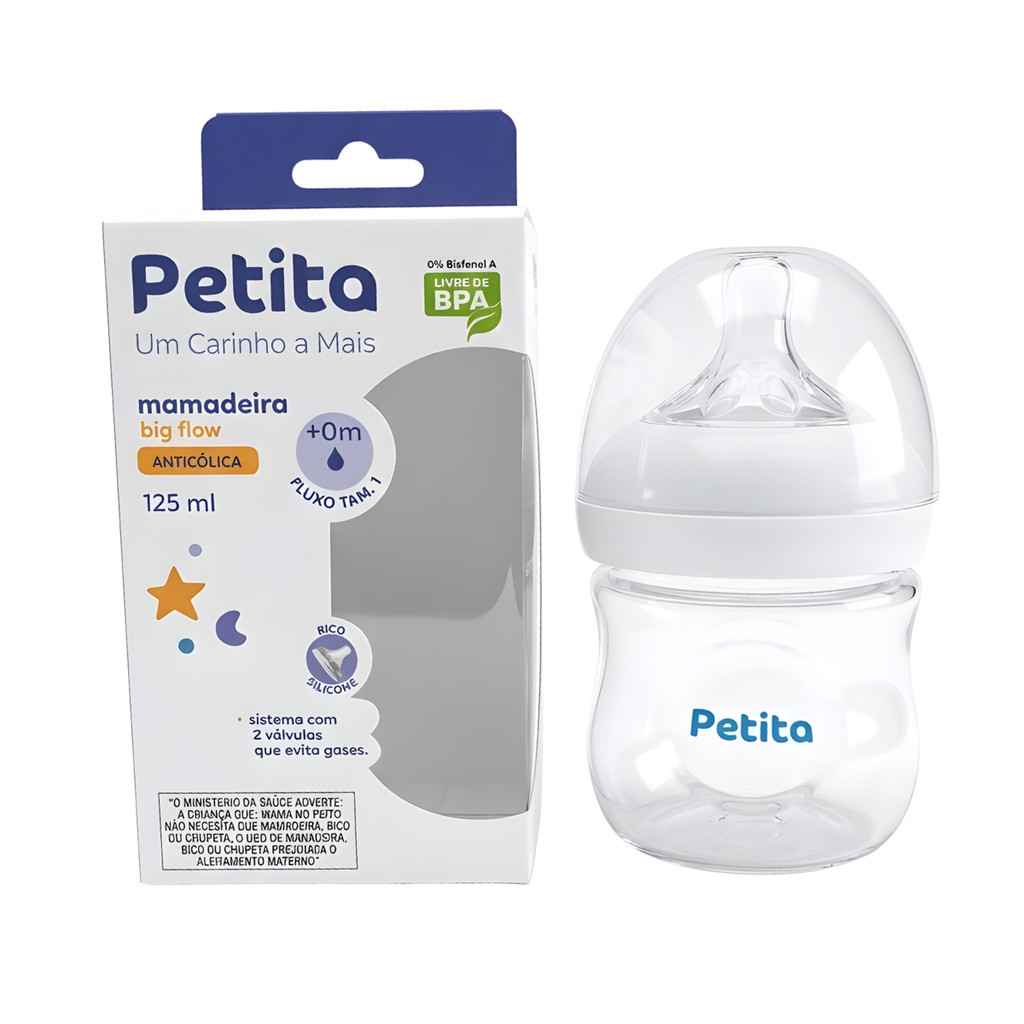 Mamadeira Bico Silicone PETITA BIG FLOW PETALA 125ML  Anticólica +0M | BPA Free BEBE