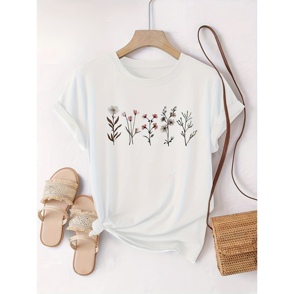 Camiseta Feminina Estampada Floral 100% Algodão Confortável Leve Moda Primavera Verão