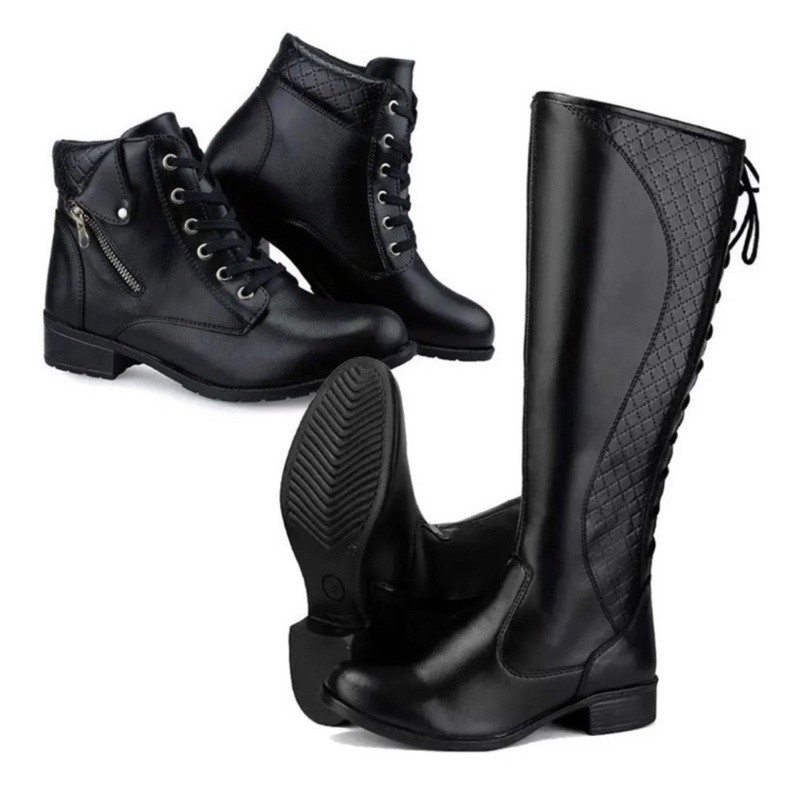 Bota Coturno Feminina Cano Alto Cano Baixo Kit Com 2 Pares