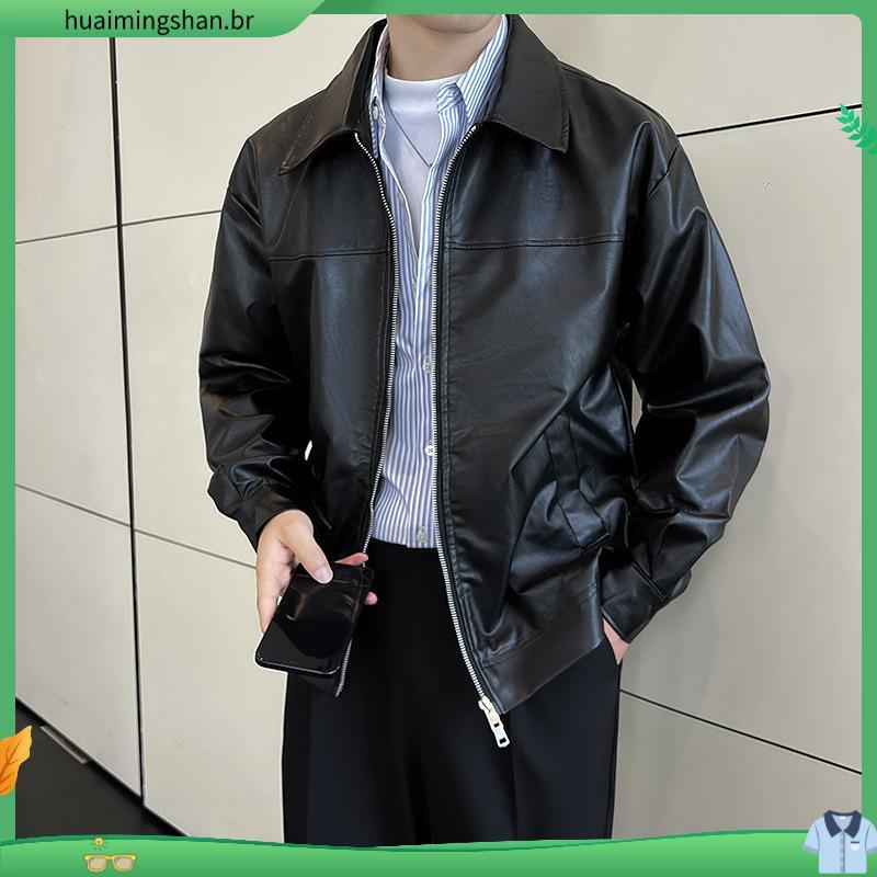 Jaqueta de couro pu americana masculina, roupa de rua, lapela curta, Casual, primavera, outono, zíper duplo, jaqueta de
