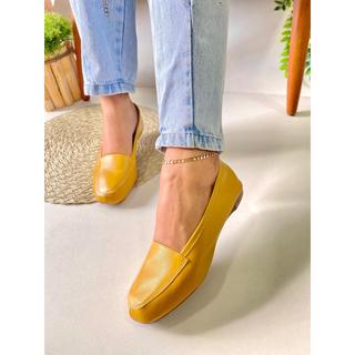 Mocassim Feminino Amarelo Mostarda Couro Legítimo Sapatilha Bico Quadrado Marca Nilza Camargos