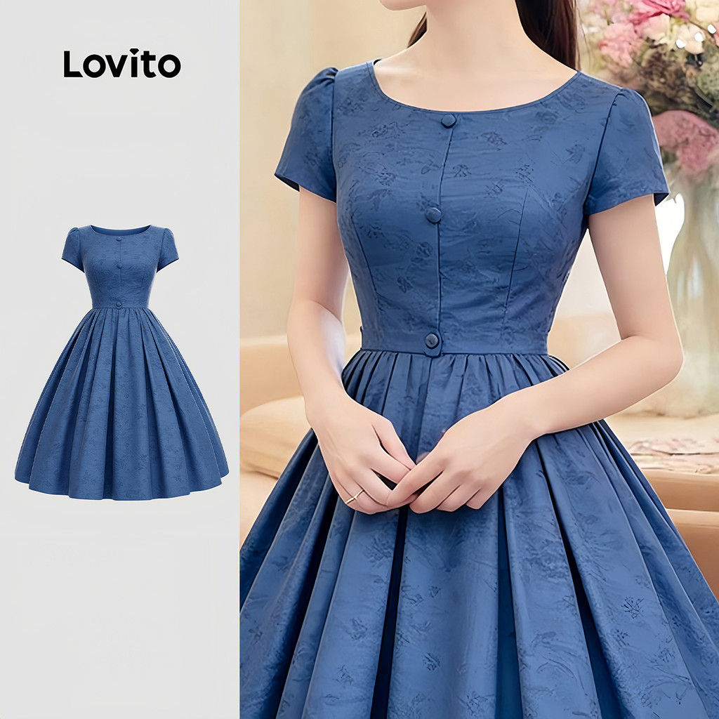 Lovito Vestido Azul Escuro de Primavera/verão Elegante com Pregas Confortável e Estiloso LK4ED1821 em Oferta na Shopee