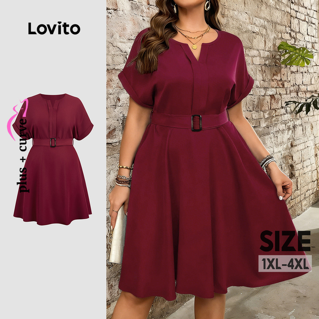 Lovito Vestido Casual com Cinto para Primavera/verão em Clarete para Mulheres LBL31117 em Oferta na Shopee