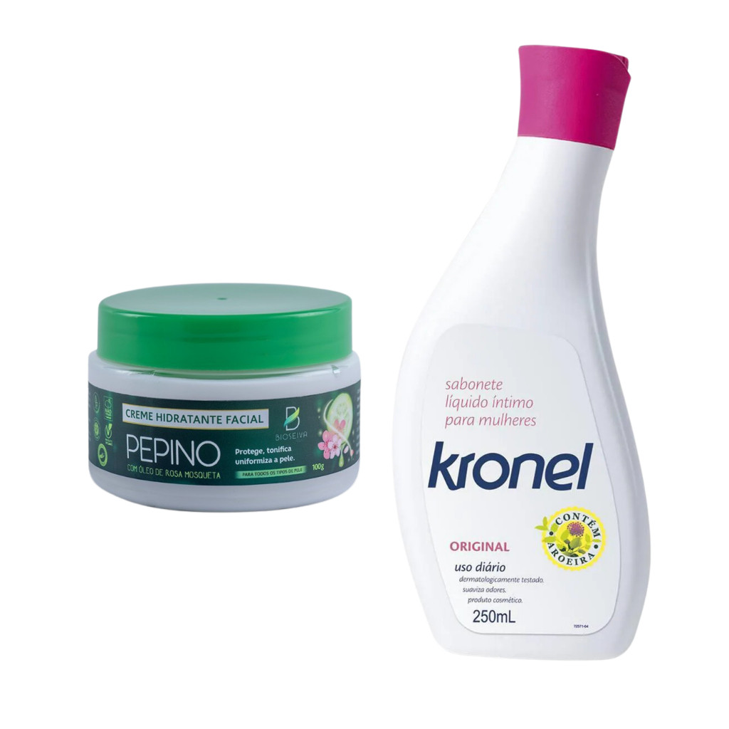Kit Sabonete Líquido Íntimo Kronel 250mL + Creme Facial Vegano de Pepino e Rosa Mosqueta 100g