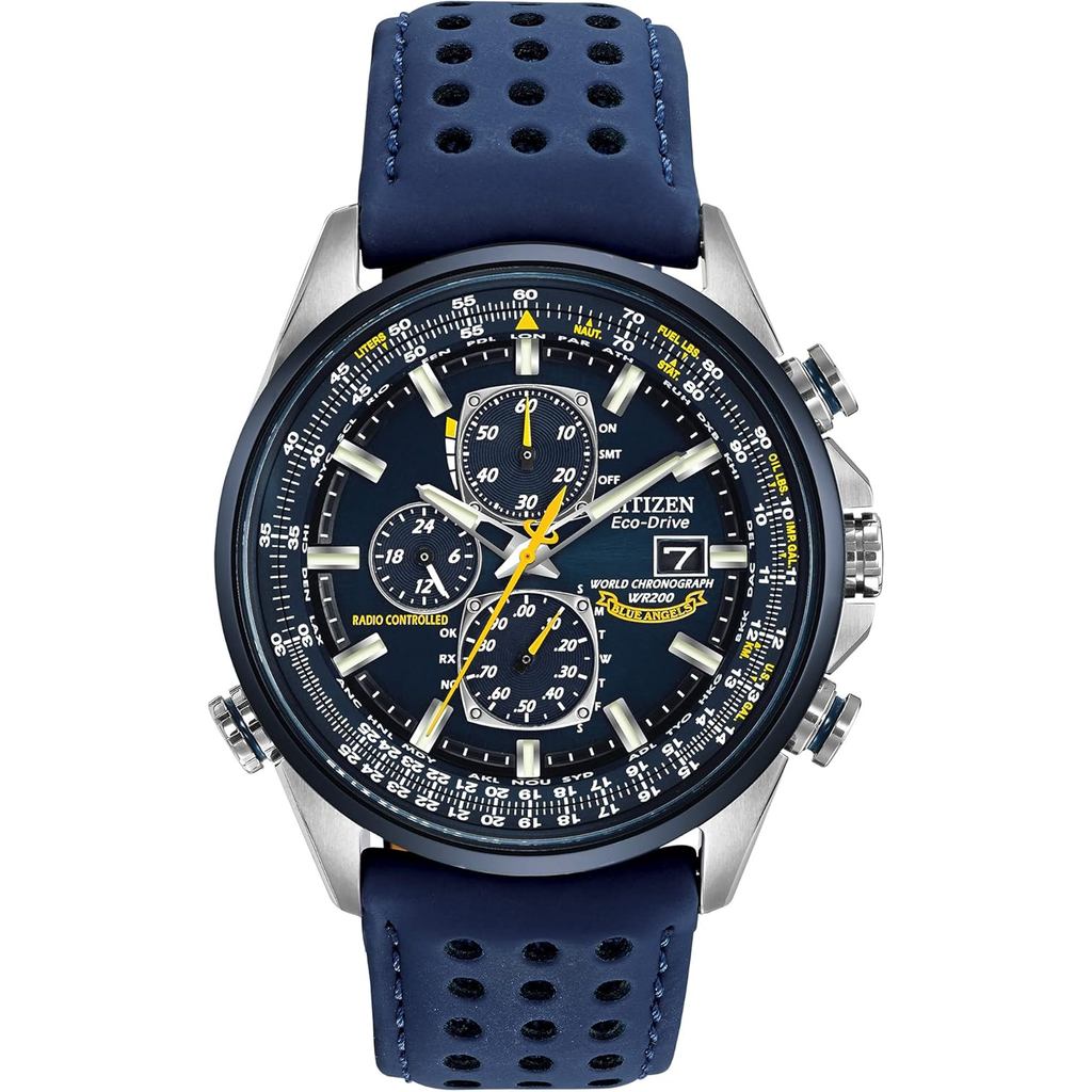 Relógio Cronógrafo Mundial de Luxo Eco-Drive para Homens Citizen em Aço Inoxidável com Pulseira de Poliuretano Azul, Mos