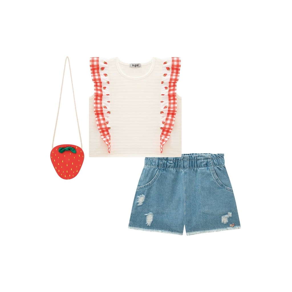 Conjunto Infantil Blusa Boxy Short Jeans Bolsa Morango Kukiê