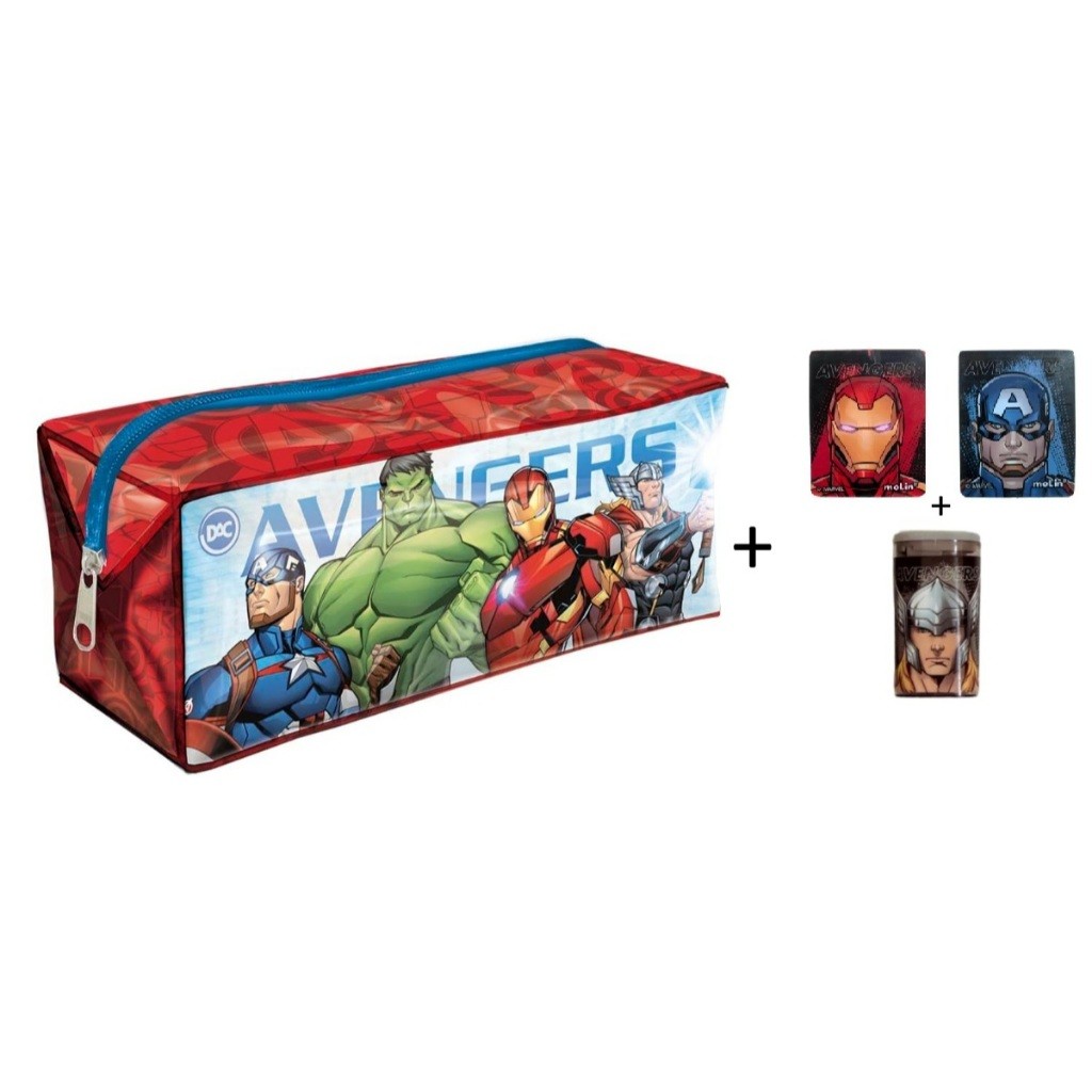 Kit  2 un de Borracha Avengers+ Estojo Grande PVC Avengers Vermelho + Apontador com Depósito Thor