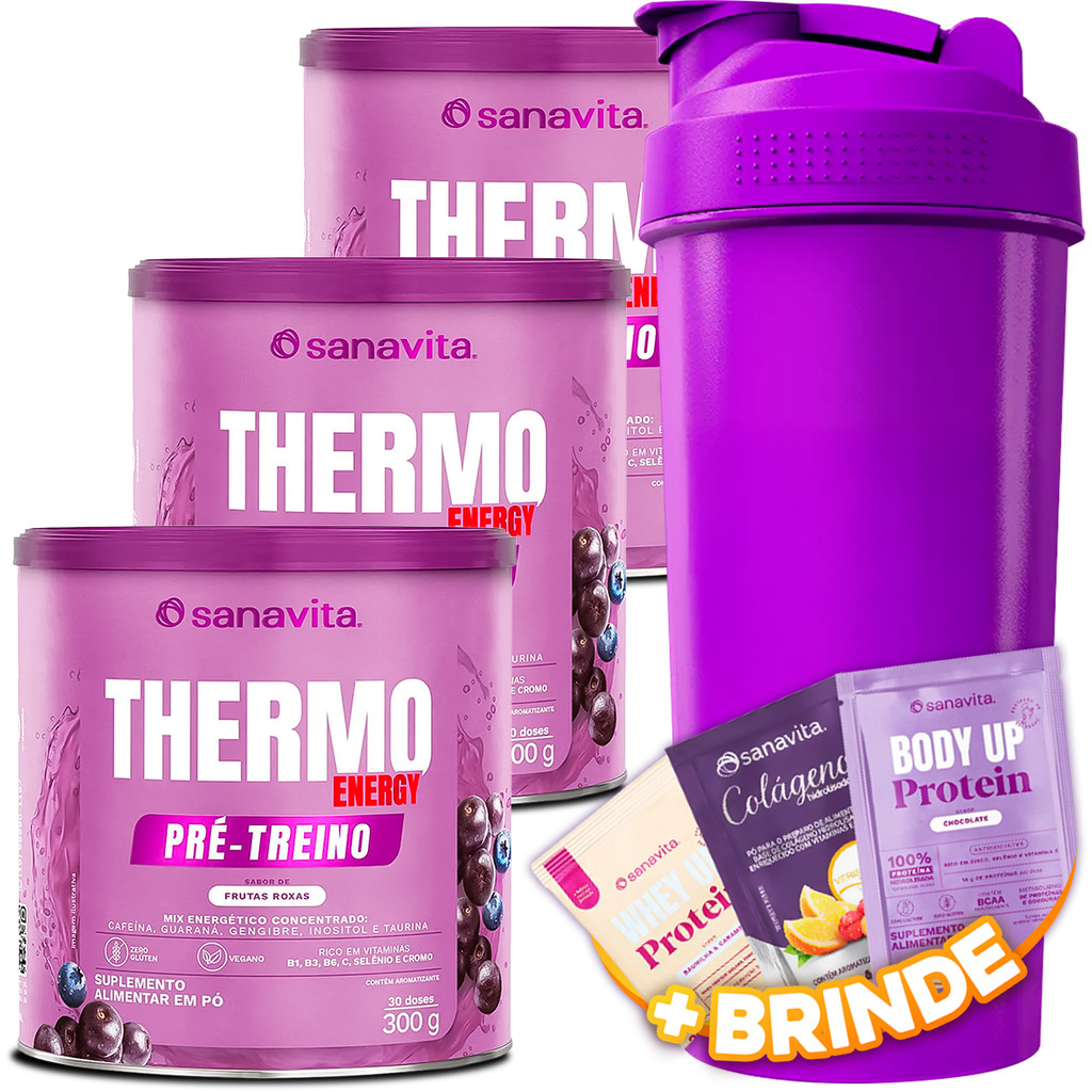 3x Termogênico Suplemento Thermo Energy Sanavita 300g Pré Treino Sabor Frutas Roxas + Coqueteleira