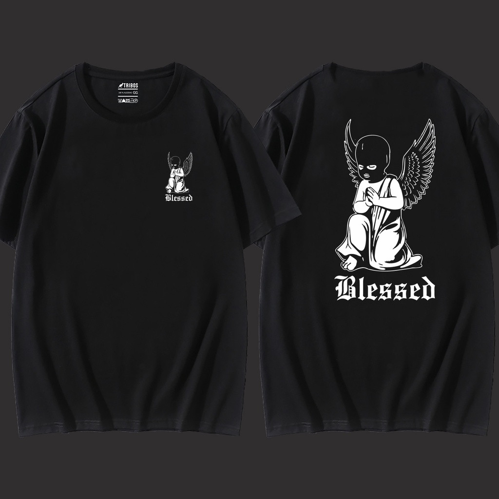 [Camiseta Premium em Algodão Puro]CC Camiseta Preta Masculina Blessed Anjo Swag Rap Hiphop Blusa masculina de algodao