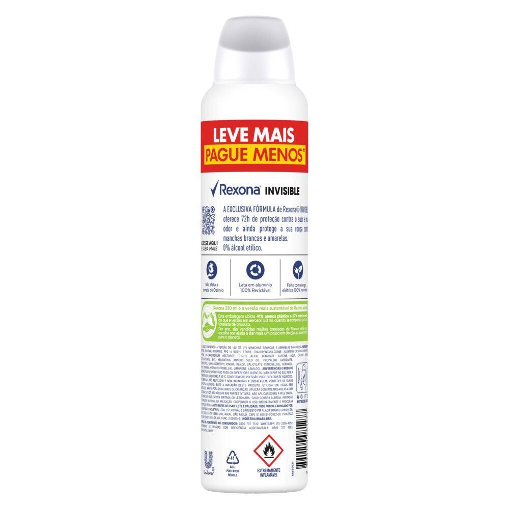 Detalhes do Desodorante Antitranspirante Aerosol Feminino Rexona Invisible 72 horas 250ml Leve Mais Pague Menos