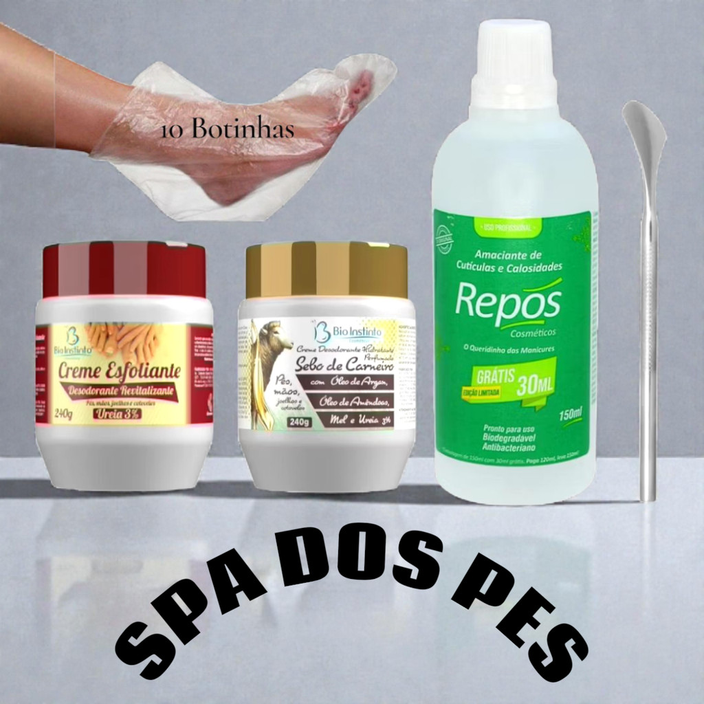 SPA Dos Pés: Rachaduras :Creme Esfoliante + Hidratante C/ Ureia Bio Instinto 240g+ Repôs 150ml + Espátula 222+10 Botas