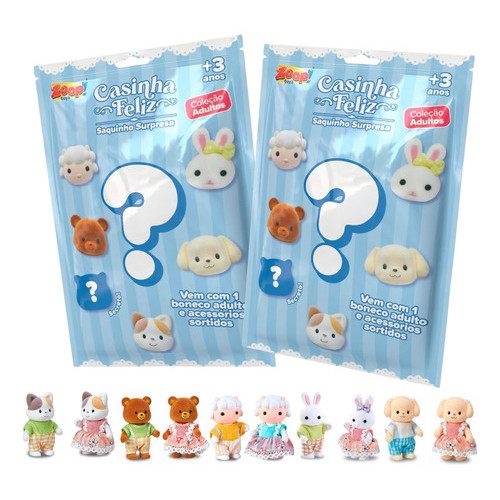 Boneco Surpresa Casinha Feliz Família Adultos - Kit Com 2 Unidades Brinquedo Coleção Casinha Feliz Coelhinho Ursinho Gat