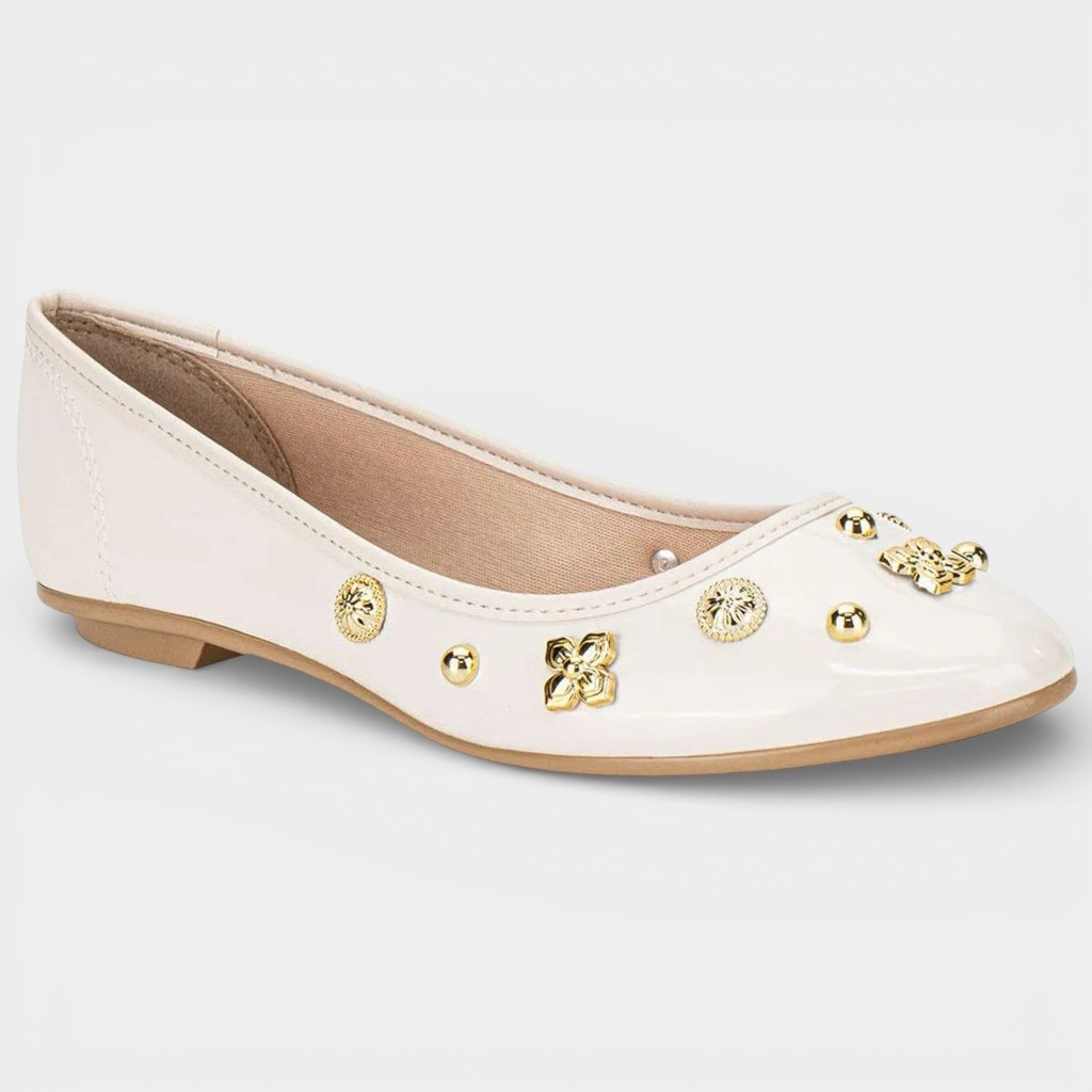Sapatilha Moleca Bico Redondo Apliques Feminina - Off White