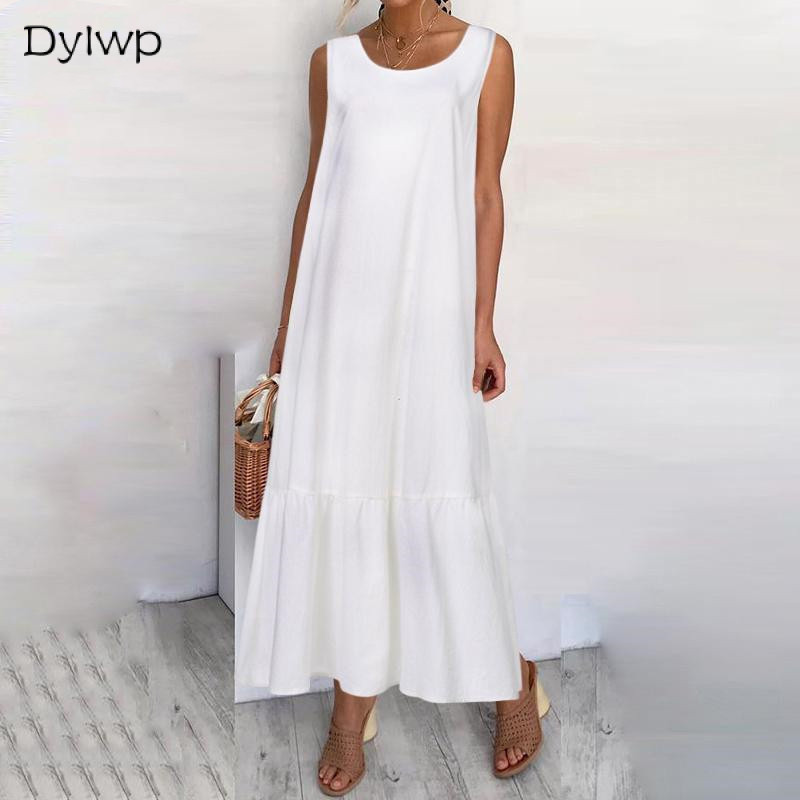 Vestido Maxi Feminino De Algodão E Linho De Cor Sólida Verão Sem Mangas Solto Plus Size