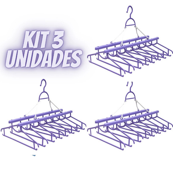 Kit com 3 Varais Cabideiros – 8 Cabides por Unidade, Espaço Extra e Roupas Sem Amassados, Prático e Funcional