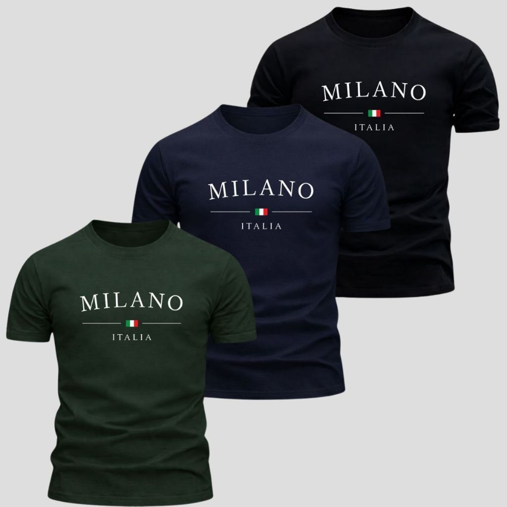 Kit 3 Camiseta Masculina 100% Algodão Premium Camisa Milano Streetwear Blusa Gola Redonda Lançamento
