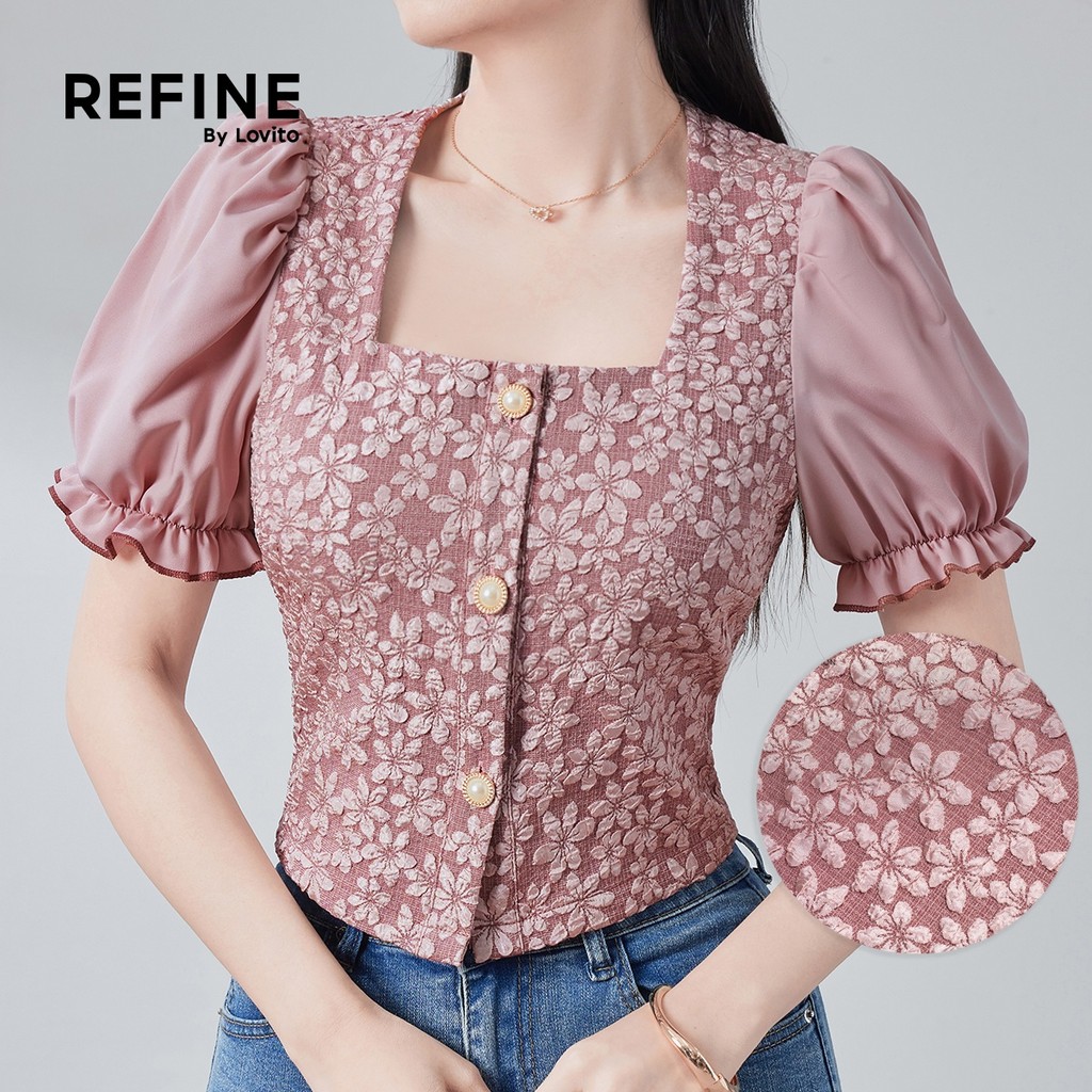(Refine by Lovito) Blusa Casual Tecido Costura Botão Frente Primavera/verão Blusa Feminina Cinza Rosa LR26ED049 em Oferta na Shopee