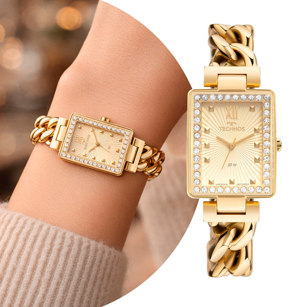 Relógio Analógico Feminino Dourado Quadrado com Caixa e Pulseira de Aço Inoxidável e Pedras à Prova D Água Luxo Technos