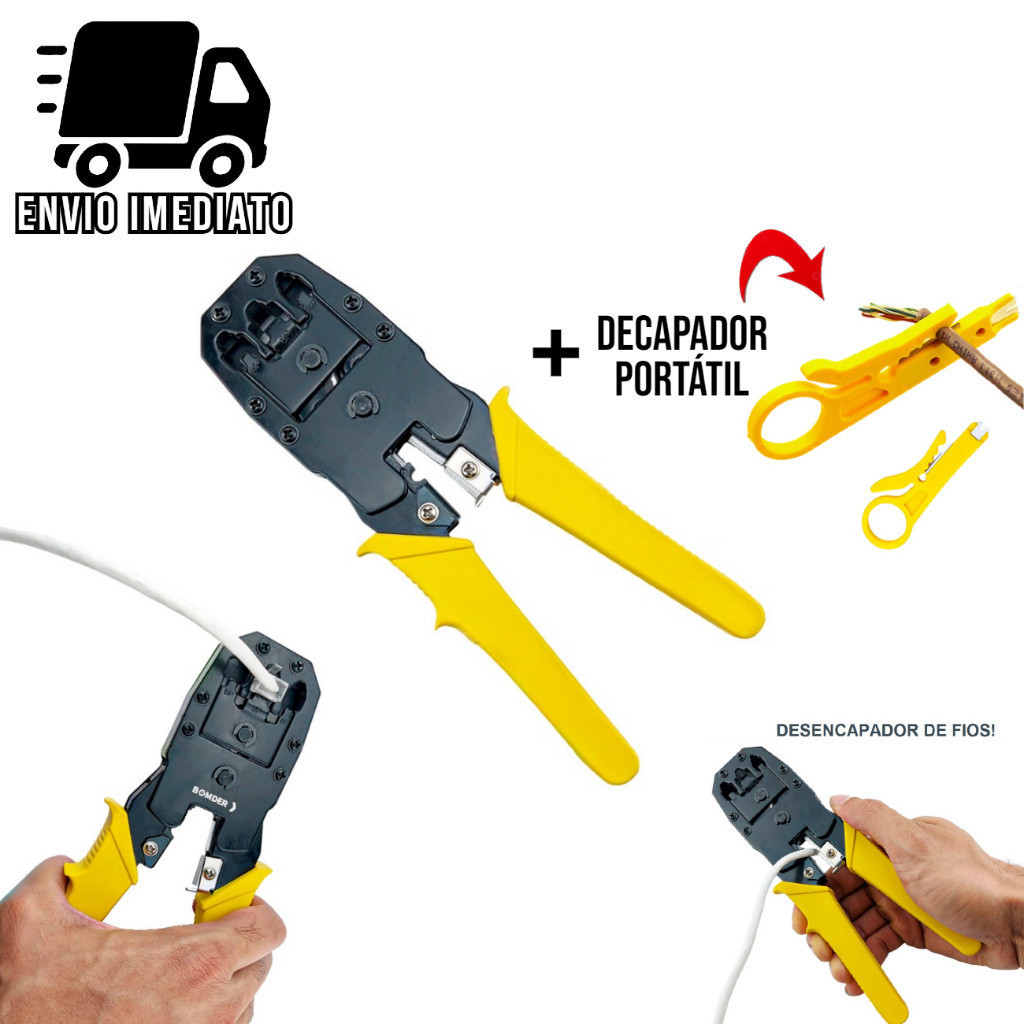 Alicate Crimpar Terminal RJ45 RJ11 e RJ12 Decapador Cabo de Rede Crimpador