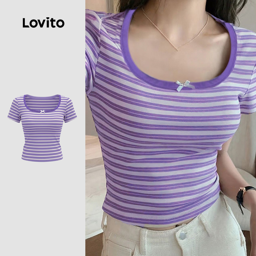 Lovito Camiseta Casual arco primavera/verão camiseta roxa para mulheres LK3ED1532