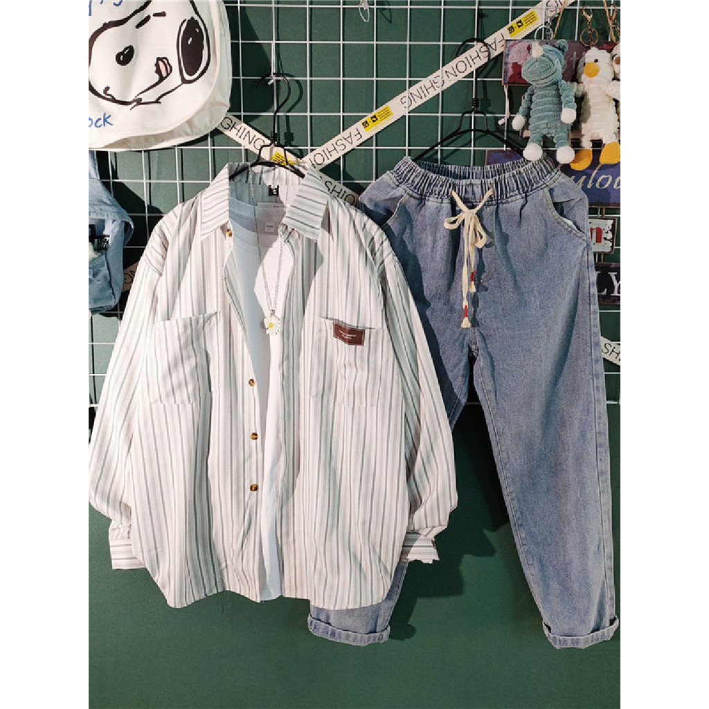 Japonês Retro listrado camisa masculina High-End rufião bonito de três peças verão estilo Hong Kong casal camisa solta