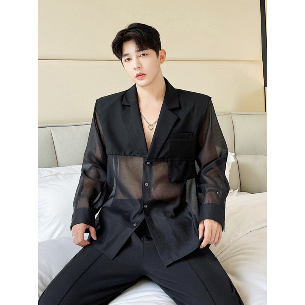 Verão abstinência série fina Semi-transparente Organza protetor solar terno masculino versão coreana solto rufião bonito