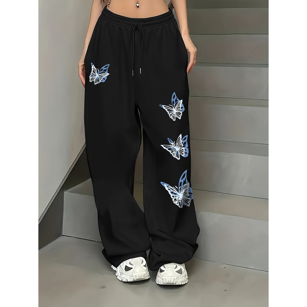 Calça Moletom Perna Larga Wide Leg Estampada Com Borboletas Oversized Despojada Aesthetic Com Bolso