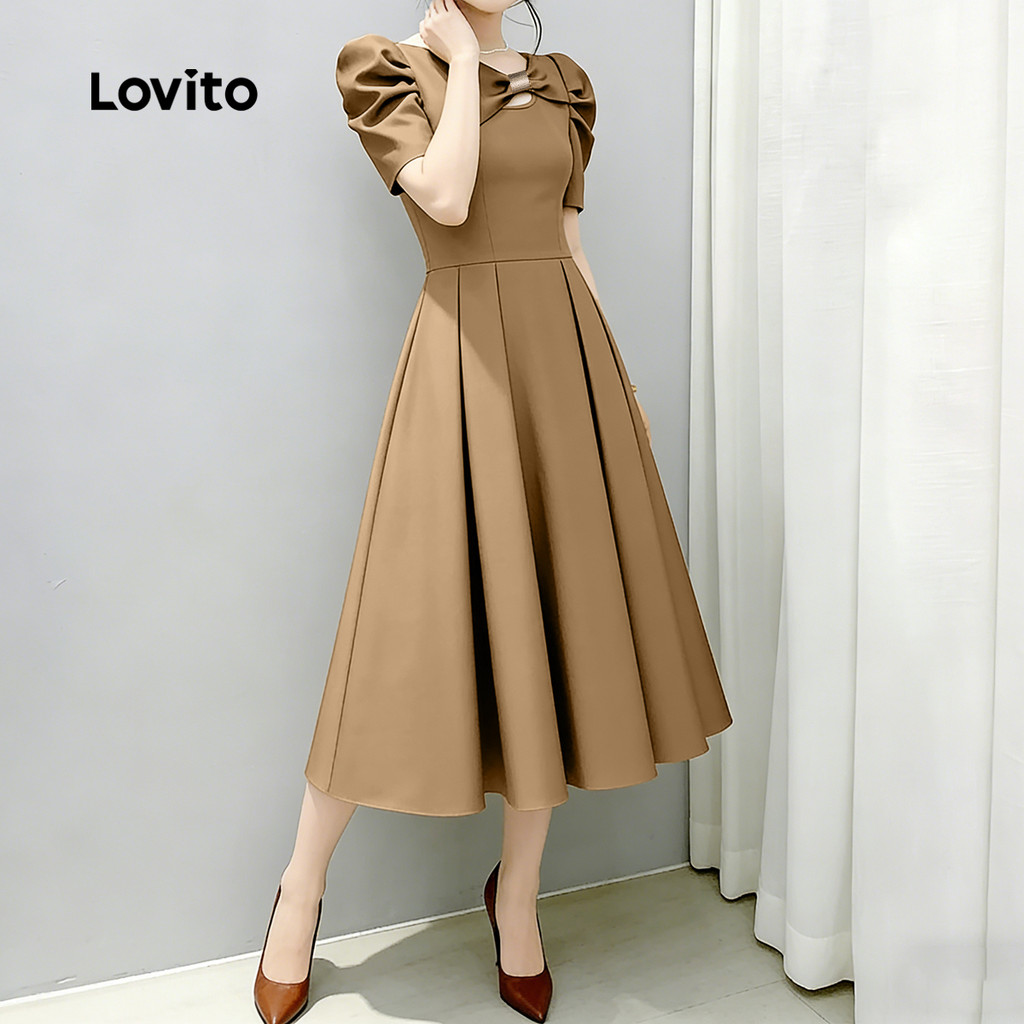 Lovito Vestido Casual de Verão com Detalhe de Laço e Fivela Pregas cáqui L183AD062 · foto 2